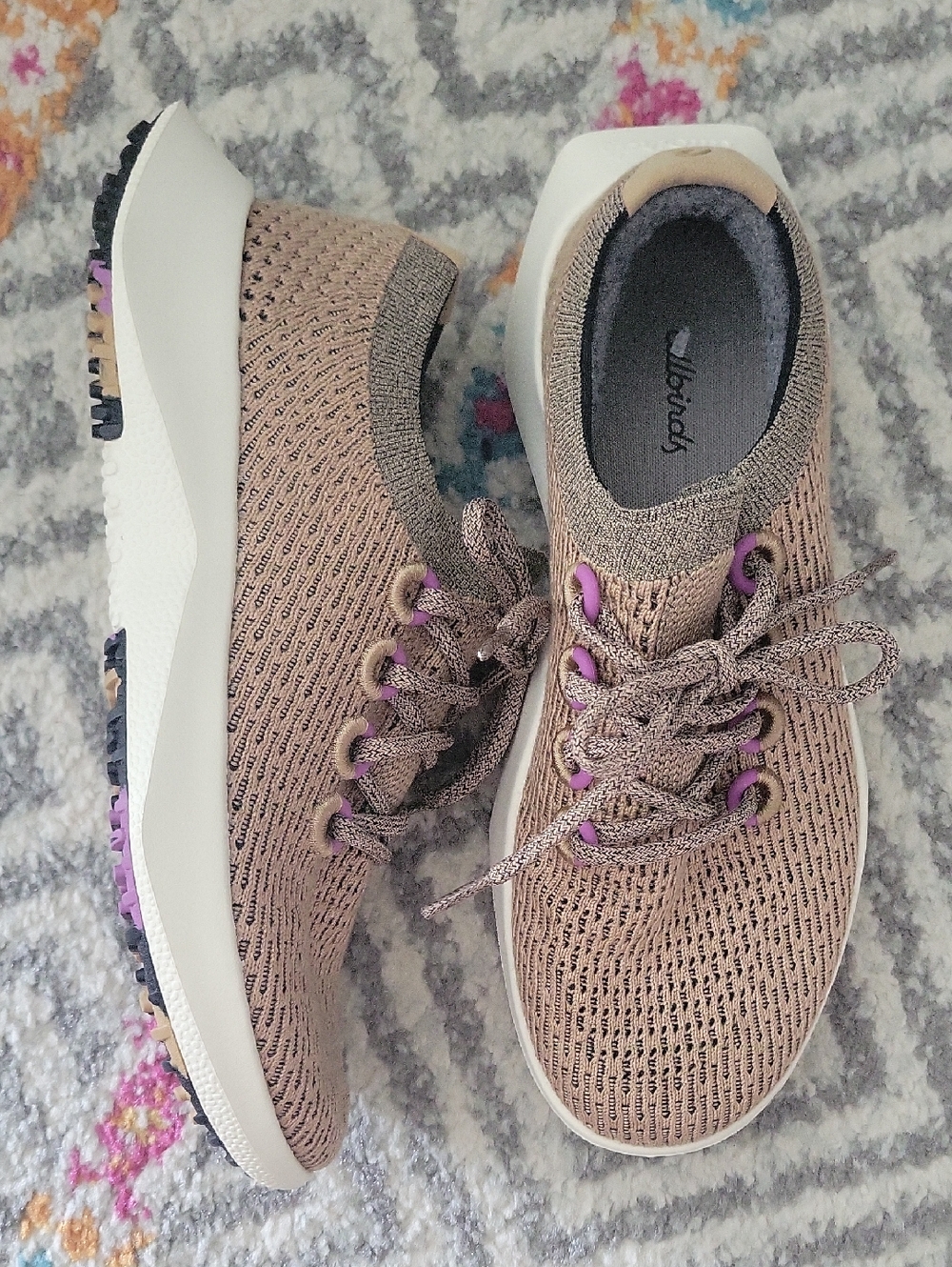 allbirds Women's Taupe Knit Sneakers with Purple Eyelets